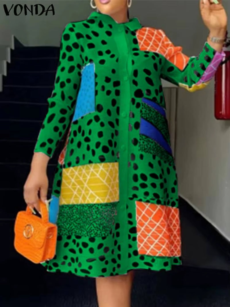 Long Sleeve Leopard Lapel Printed Dress