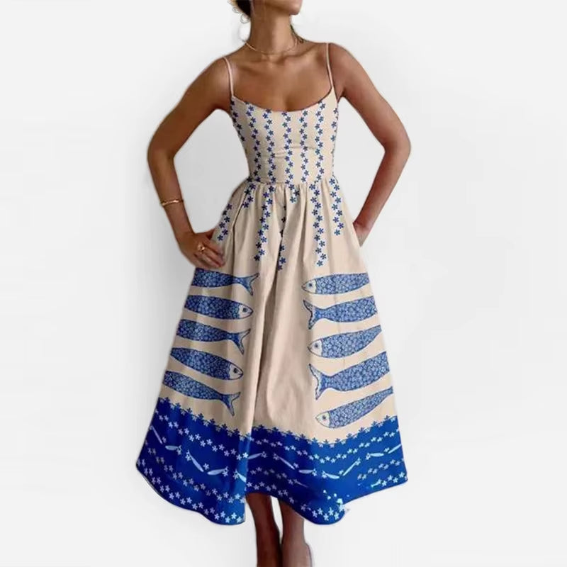 U-Neck Fish and Shrimp Print Pleated Waist Dress 