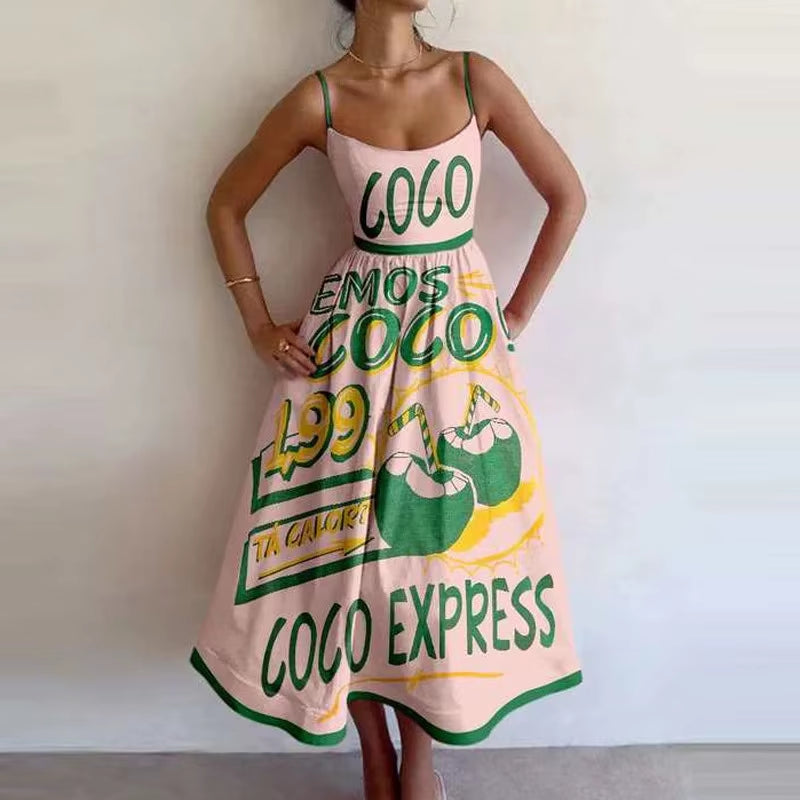 U-Neck Fish and Shrimp Print Pleated Waist Dress 